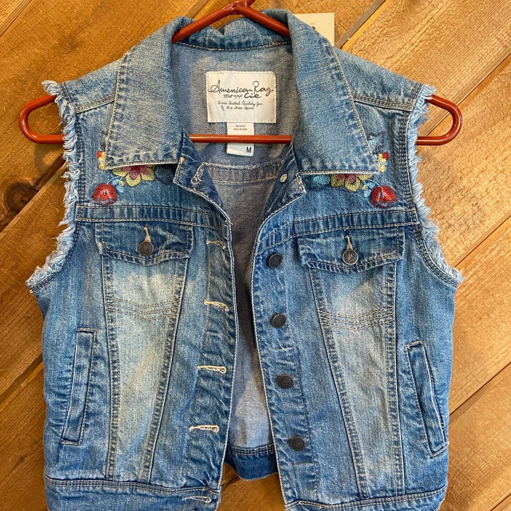 American Rag Blue Jean Vest with Embroidered Details